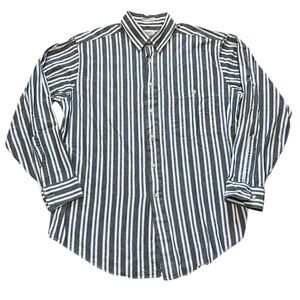 The Fox Collection Mens L Button Down Shirt Gray White Blue Stripe Long Sleeve